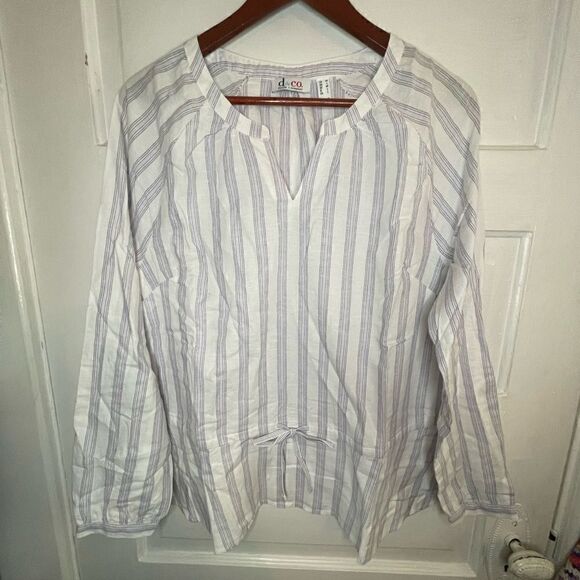 Denim&Co V-Neck Flounce Hem Linen Blend Shirt Size M - Picture 1 of 8